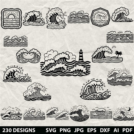 230 Ocean Waves Bundle Svg, Dxf, Eps, Ai, Pdf, Jpg, Png Grayscale Burn Image Cut Vector Cnc Wood Cut Cricut Line Art Sea Wave Silhouette - Etsy