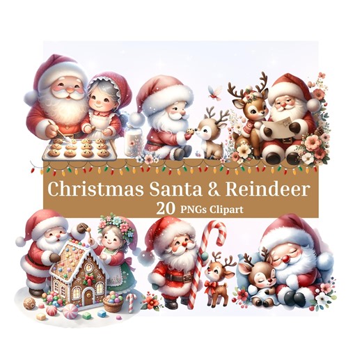 Watercolor Santa and Reindeer Clipart, Whimsical Christmas PNG Set (20 PNG) - Etsy UK