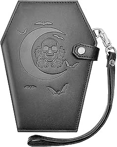 Lazy Skull Large Coffin Wallet – Horror Coffin Purse – Spooky Goth Skull Wallet for Women – Gothic Moon Wallet with Zipper – Snap Closure Witch Wallet– Halloween Witchy purse
