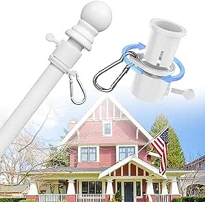 House Flag Pole Kit - 6ft Tangle Free Heavy Duty Flag Holder for Outside House,Adjustable Flagpoles Residential for Outdoor Porch Garage Boat Truck, Wall Mount & Portable Hand Held Flagpole - white