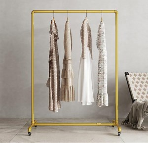[Hot Item] Rustic Industrial Clothing Rack on Wheels Heavy Duty Garment Racks for Home, Clothes Display Rack Retail Display-Gold