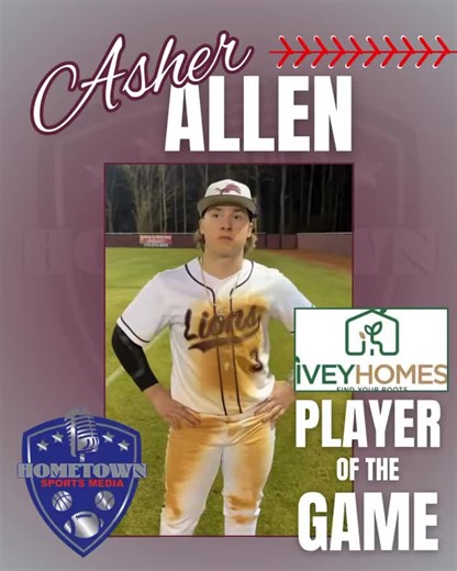 Hometown Sports Media on Instagram: "⚾️🔥 Brooke with Ivey Homes Player of the Game 🔥⚾️ In a dominant 13–0 win over Temple, your Brooke with Ivey Homes Player of the Game is Asher Allen. Allen went 2-for-3 at the plate, blasting a 2-run home run and adding an RBI single to help power the Lions’ offense. Big swings. Big production. Big win. That’s your Brooke with Ivey Homes Player of the Game."