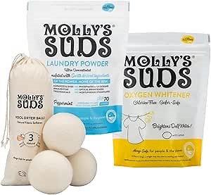 Molly's Suds Starter Pack | Includes 70 Load Natural Laundry Powder, 1 Package of Wool Dryer Balls & 1 Oxygen Whitener