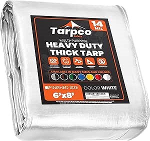 Extra Heavy Duty 14 Mil Tarp Cover, Waterproof, UV Resistant, Rip and Tear Proof, Poly Tarpaulin with Reinforced Edges for Roof, Camping, Patio, Pool, Boat (White 6′ X 8′)
