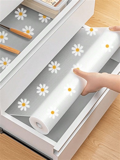 1 Roll Daisy Pattern Kitchen Cabinet Liner, Non-Adhesive Drawer Mat, Non-Slip Refrigerator Pad, EVA Waterproof Fridge/Cabinet Liner/Simple Placemat, Household Dehumidifier,Mother's Day Gift,Bedroom Decor,Garden,Kitchen Decor,Summer,Beach,Travel Essentials,Room Decor,Squishy,Graduation | SHEIN