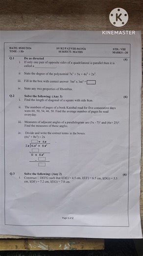 Standard 8th Maths 2nd unit Test question paper 2026 Maharashtra #shorts