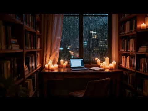 Rainy Night Study Room with Candlelight – Cozy Library Workspace Ambience | Cozy Rain Study