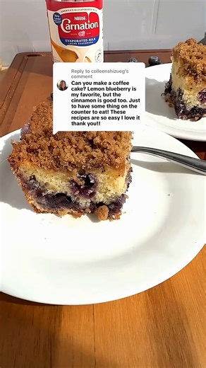 Blueberry lemon coffee cake that is Spring perfection! 🫐🍋 What cake should we make next?! 👇 Ingredients For the streusel 6 Tablespoons light brown sugar ½ cup all-purpose flour 4 Tablespoons cold, unsalted butter, cubed 1 teaspoon cinnamon ¼ teaspoon salt For the blueberry lemon coffee cake 2 cups all-purpose flour 1 cup granulated sugar 1 Tablespoon baking powder ¾ teaspoon salt 5 Tablespoons unsalted butter, room temperature ¾ cup Carnation Evaporated Milk ¼ cup water 1 egg, slightly beaten