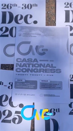 The big reveal is here 💃💃❤️ This December, we’re coming together as one family to reconnect, to celebrate God’s goodness and into who we’re called to become. The *CASA NATIONAL CONGRESS 2025* is heree😫❤️ Your presence will make the difference. Make a date and join us at the Anagkazo bible and ministry training college from the 26th to the 30th of December, 2025 See you there🫵❤️ @CASA GLOBAL