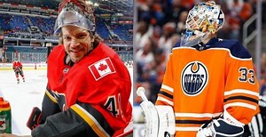 Alberta goalies fight at centre ice in Flames against Oilers game | Sports