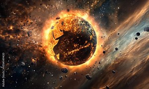 A dramatic depiction of a planet engulfed in flames and debris in space.