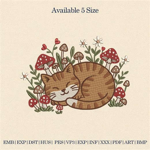 Sleeping Cat Embroidery Design, Cute Cat With Mushrooms Machine Embroidery File,woodland Cat Embroidery Pattern,cozy Kitty Animal Embroidery - Etsy