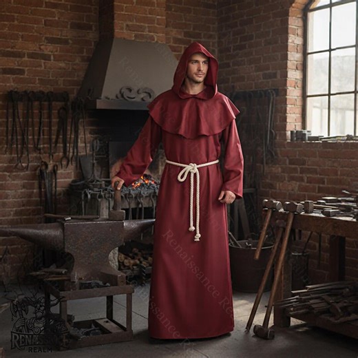 Medieval Monk Robe With Hood and Rope Belt – Red LARP Costume - Etsy