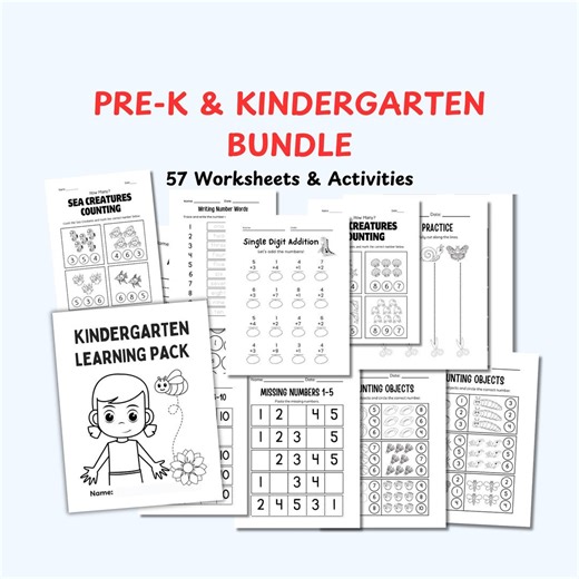 Pre-k & Kindergarten Worksheets Bundle | 57 Printable Activities | Counting, Tracing, Addition, Fine Motor - Etsy