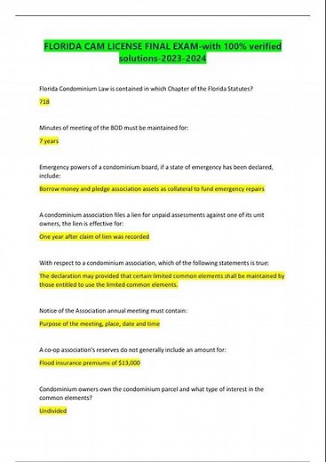 FLORIDA CAM LICENSE FINAL EXAM with 100% verified solutions