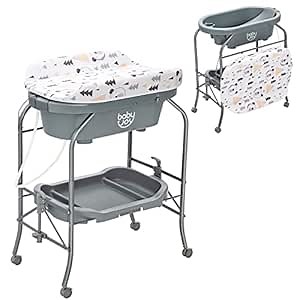BABY JOY Baby Bathtub with Changing Table, Foldable Infant Diaper Changing Station with Storage Tray, Waterproof Pad, Portable Newborn Nursery Organizer Bath Stand with 4 Universal Wheels (Gray)