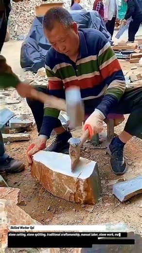 Skilled Worker Splitting Stone by Hand | Traditional Stone Cutting Process.