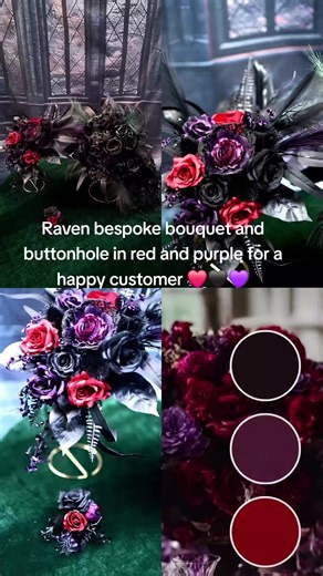 Raven alternative bouquet and buttonhole in this bespoke purple and red colour for Chloe. Just the additional 5 bridesmaid and bridal bouquets to make now, thank you 🖤💜❤️ I love developing your bespoke designs @ Whiteandwhimsical.com #alternativeflorist #alternativebouquet #gothicbouquet #buttonhole #alternativeflowers