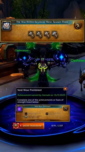Aernath on Instagram: "2500 Rating + Void Wear + 710 ilvl So, what's happening in this video is, me realizing I got a nice reward for getting The War Within Keystone Hero: Season Three It's the Season 3 version of the Helm & Shoulder look enhancer, I used it and unlocked all the extra visuals for all of the armor classes (basically the same items but a little more shinier) AND! I finally made it over the psychological item level threshold of 710, finally! Now I can fool other people to think I'm