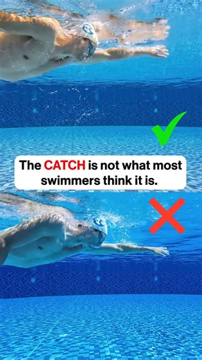 As an ex-professional swimmer, and now after reviewing thousands of videos inside the Swim Success Training App, I’ve noticed one common mistake. People think the catch is a full-arm movement where you try to create speed buy that’s wrong. The purpose of the catch is not to create propulsion. The purpose of the catch is to set your arm in the right position so it *can* create propulsion. During the catch, your job is simple: Use only your hand and forearm. Try to make them as vertical as possibl