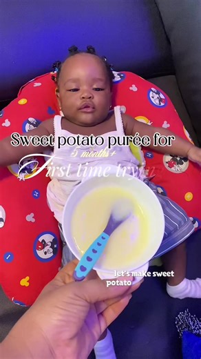 Part 2| Tried sweet potato purée for my 5-month-old made with just sweet potato and water 🍠 She didn’t like it 😅 but it’s one of the best first foods for babies — packed with vitamin A, fiber & energy for growth and healthy digestion. Next time, I’ll mix it with carrot purée or fruit for extra sweetness 💛 Follow for more baby content ideas @iamcherry.bb #StartingSolids #Babypuree #Babyfoodjourney #momsandbabies