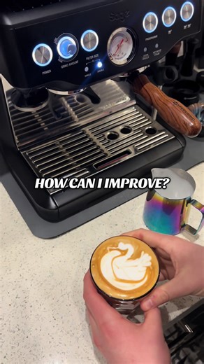 Day 15 of 30 mastering the swan 🦢 Halfway there. No fancy edits, just the pour. 15 days ago I couldn't even get the base consistently right. Now I'm working on refining the details. Still not perfect, but the progress is real. Thank you all for your advice as always 🙌🏻 #latteart #swanlatteart #homebarista #coffeetok #espressomachine