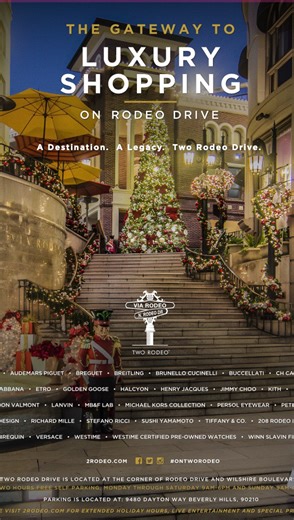 ⭐️ New permanent luxury tour launches Sunday Dec 7, 2025 on the Via Rodeo! ✨ Start time 12 PM PT at Two Rodeo Drive, Beverly Hills. The tour is first-ever “Luxury, Legacy & Celebrity Tour: Lights, Camera, Two Rodeo Drive!” Tour is complimentary. Part of the Two Rodeo Drive Presents Series, umbrella name for Experiences being launched. Share the history of the luxury destination over the past 35 years - known as the “Crown Jewel of Rodeo Drive” and “Gateway to Luxury Shopping.” Learn about its ar
