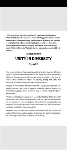 UNITY IN DIVERSITY # ARTICLE WRITING #DAV CLASS -7