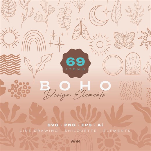 Boho Design Elements: Floral Line Art, Moon, Rainbow (SVG, PNG) - Etsy