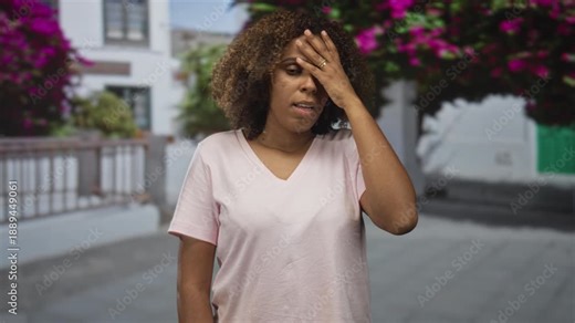 Woman with hand over face covering eyes in a facepalm gesture on a sunlit street by a white building and magenta bougainvillea; frustration.