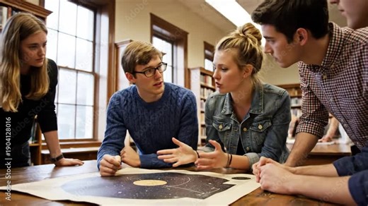 astronomy students reviewing star charts together in classroom representing collaborative science education Video 4K UHD 60fps