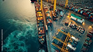 A large cargo ship is docked at a busy port, with cranes loading and unloading containers