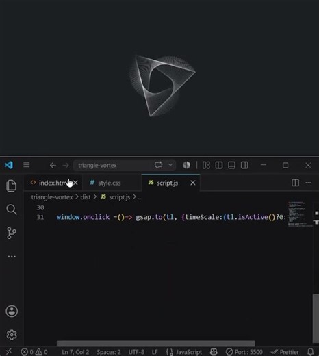 How to create Triangle Vortex by using HTML,CSS and JAVASCRIPT in VS code.