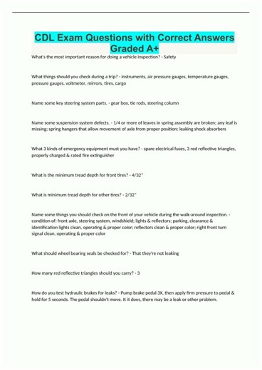 CDL Exam Questions with Correct Answers Graded A2499