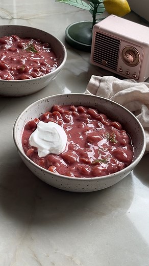 his cold cherry soup is a classic Hungarian dish (called Hideg Meggyleves) that’s made with sour cherries. This version is dairy-free and refined sugar-free. 🍒🍒 2 14.5 oz cans of tart cherries, with liquid 1 lemon slice 1 ½ tbsp maple syrup ¼ cup coconut yogurt, plus more for serving if desired 2 ½ tsp arrowroot Dill to serve, optional | Unbound Wellness
