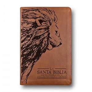 Personalized ESV Spanish English Parallel Lion Engraved Bible | Custom Name | Leatherlike Material, Brown | Reina-Valera 1960 Translation | Double Column | Reading Plan