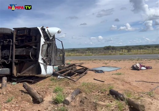 LUCKY ESCAPE: Two individuals escaped unharmed after the bus they were travelling in overturned while being towed by a truck on Tuesday. The accident occurred on the Dr Hage G. Geingob Freeway near the Hosea Kutako International Airport. The bus driver, Aleck Farai, said in an interview with Nampa they were towing the bus from Botswana to Windhoek when the accident occurred. (Video: Justina Shuumbwa) #NampaTV