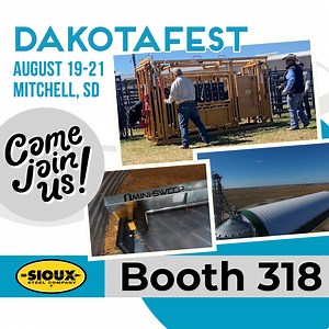 We’re gearing up for Dakotafest in Mitchell, SD next week! 🌽🐄🤠 If you're planning to go to the show, come see us at booth 318 for demos of Sioux Steel Company products, including: bins, paddle sweeps, ProTec Buildings and livestock equipment. Nick Platt, Ty Dean & Duane Kruse will be there to answer any questions and help you find the right solutions for your farm. #siouxsteel #dakotafest25 | Sioux Steel Company