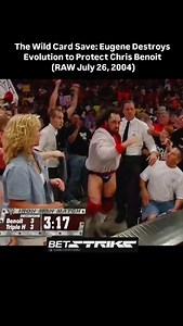 The ultimate chaos meets heroism! July 26, 2004, RAW: Triple H, Ric Flair, and Batista had Chris Benoit on the ropes during a grueling 60-minute Iron Man match. Just when it looked like Evolution’s dominance would prevail… Eugene storms the ring! His unpredictable, chaotic style shattered Evolution’s control, giving Benoit the opening he needed to secure the 4-3 victory and retain the World Heavyweight Championship. Without Eugene, would Benoit have survived? That’s the debate that still rages. 