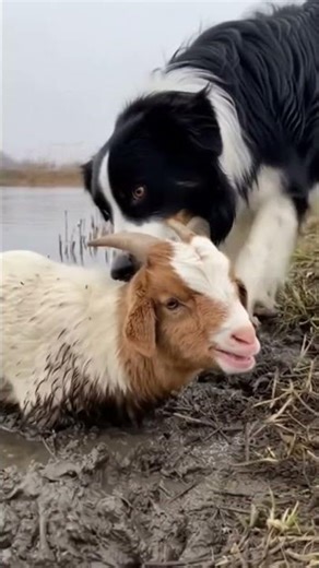 An Incredible Friendship: Dog Rescues a Baby Goat from a Mud Trap! 🐕❤️🐐