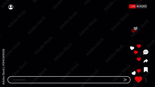 Social media live streaming overlays animation on transparent background, Social media live stream template animation with flying hearts