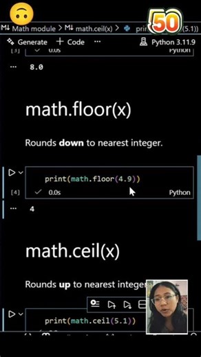 Day 50️⃣ – Math Module: floor() & ceil() 🔢#100daysofcode #coding #python #learnpython