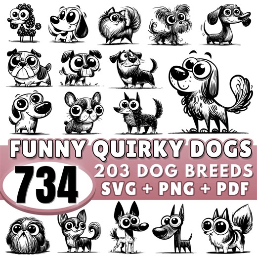 Funny Quirky Dogs SVG Bundle | 203 Dog Breed | Hand Drawn Cartoon Dogs | Dog Cricut Illustrations | Dog SVG PNG Pdf Files | Commercial Use - Etsy