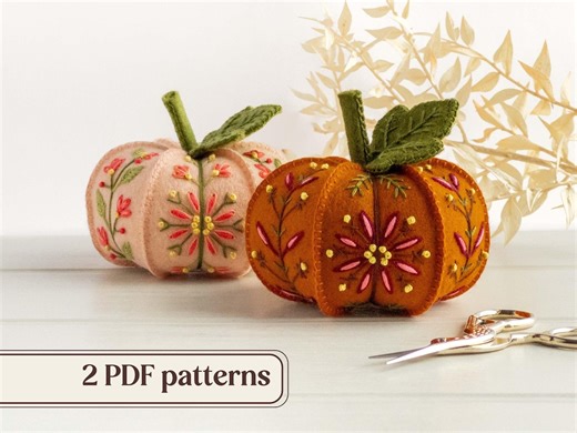 Felt Pumpkins Embroidery Pattern Bundle, Two Wool Felt Ornaments, DIY Floral Pin Cushions, Beginner-friendly Project, Printable PDF Download - Etsy