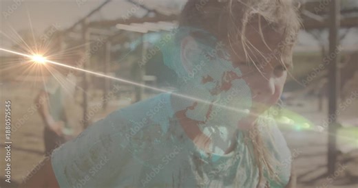 Running in obstacle course, child with animation of digital world map overlay