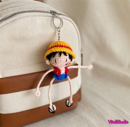Crochet Straw Hat Boy Keychain Anime Style Bag Charm Gift - Etsy