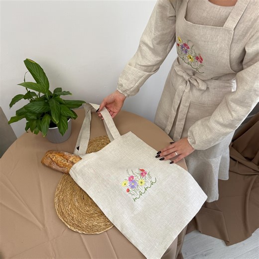 Floral Embroidered Tote Bag With Custom Name, Eco-friendly Shopper for Groceries, Aesthetic Linen Bag With Botanical Design, Teen Girl Gift - Etsy