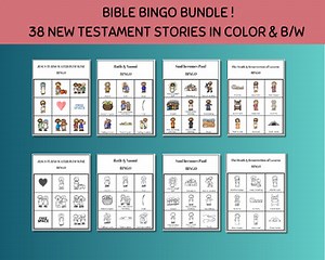 38 New Testament Bingo Games in color & B/W, Sunday School Bible Game