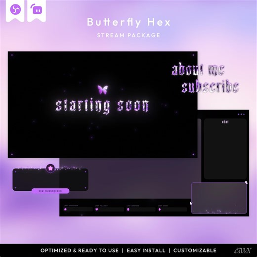 Butterfly Hex Animated Twitch Overlay Package, Y2K Style Chrome Art Animation, Purple Metallic Neon Stream Pack, Gothic Twitch Graphics - Etsy