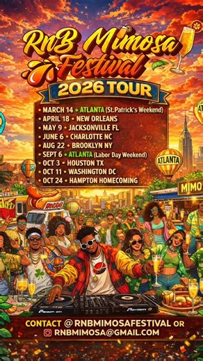 R&B Block Party on Instagram: "✨🍾 THE @rnbmimosafestival 2026 IS OFFICIALLY SET! 🍾✨ We’re coming back bigger, better, and smoother 😌🎶 The vibes are elevated, the mimosas are flowing, and the music is unmatched. 🎟 Tickets are ON SALE NOW ⏳ Early Bird tickets won’t last ⚠️ Every city WILL sell out Expect: 🍾 Bigger & better vibes 🎶 Non-stop R&B energy 👕 Exclusive R&B Mimosa Festival merch 🌟 Special guest surprises 🍹 Premium mimosa experiences 📍 2026 Tour Dates: • March 14 – Atlanta (St. 